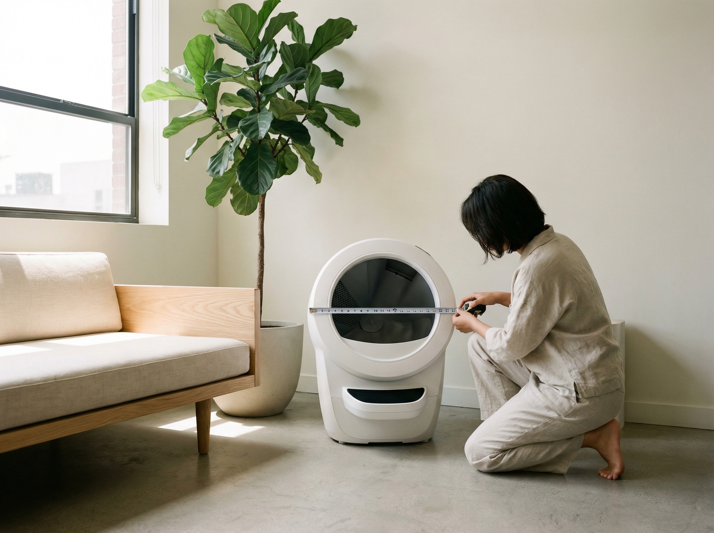 Personne mesurant les dimensions d'une litière automatique dans un salon