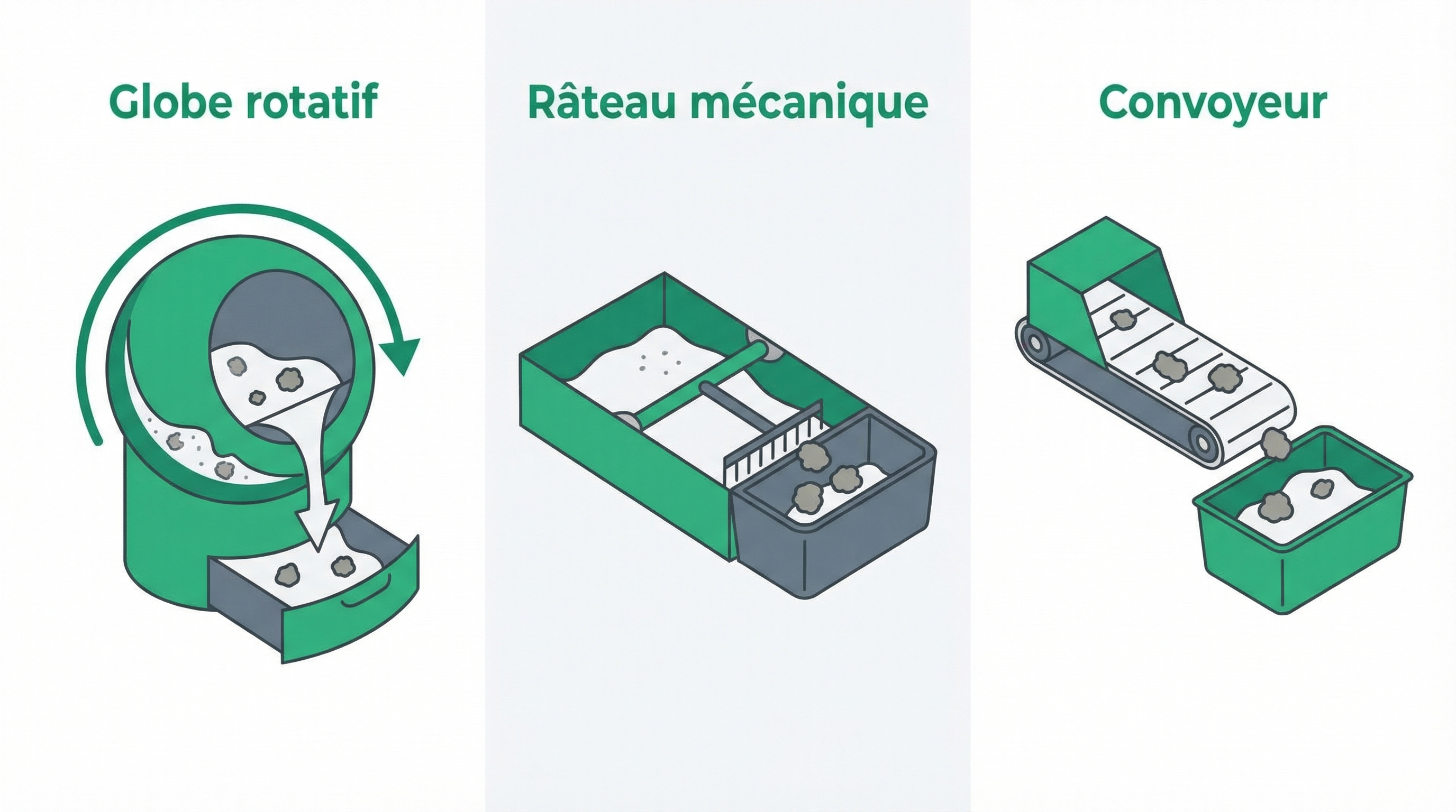 Les 3 types de mécanismes de litière automatique : globe rotatif, râteau mécanique et convoyeur