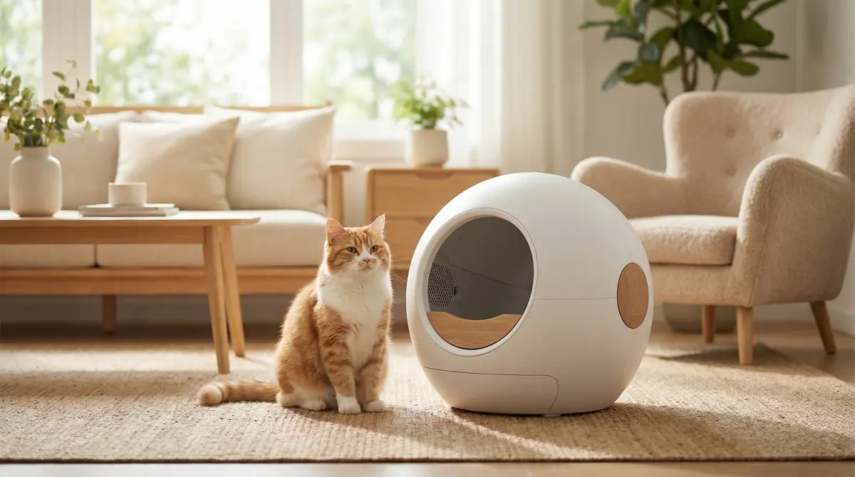 Chat roux assis à côté d'une litière automatique dans un salon moderne